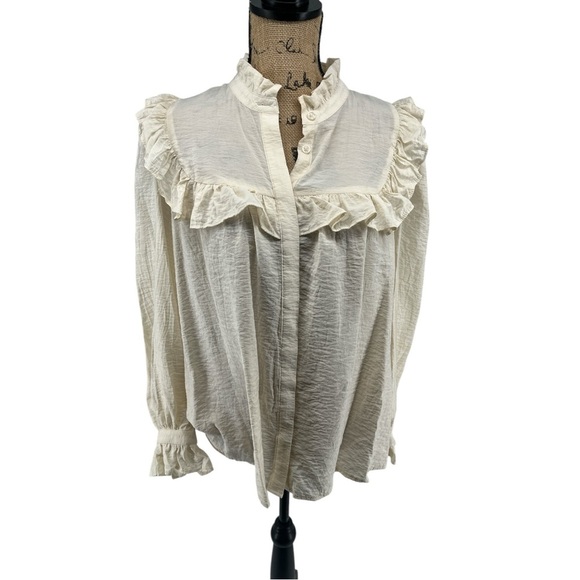 Who What Wear Long Sleeve Vintage Inspired Button Front Blouse Cream Ruffle - Picture 1 of 12